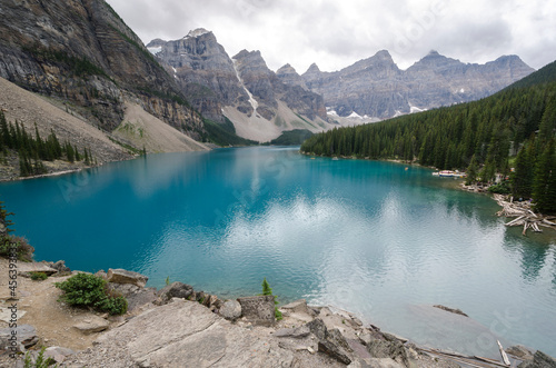 Moraine Lake in cloudy day in summer in Banff National Park, Alberta, Canada