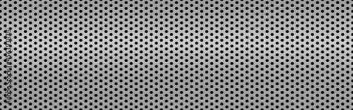 Perforated metal. Steel plate design. Realistic metal sheet. Modern industrial wallpaper. Abstract silver backdrop. Chrome texture with light effect. Vector illustration