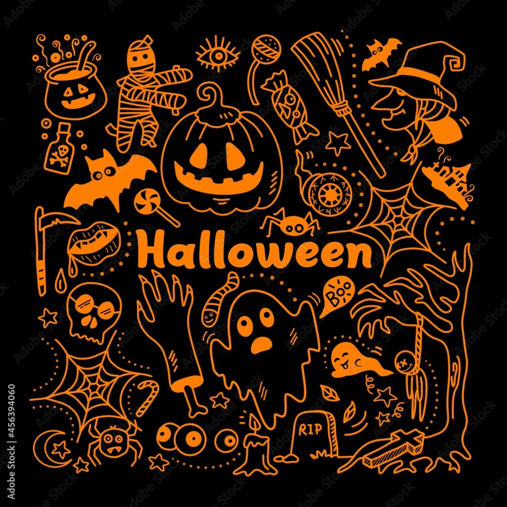 Halloween doodles outline objects and characters on dark background.