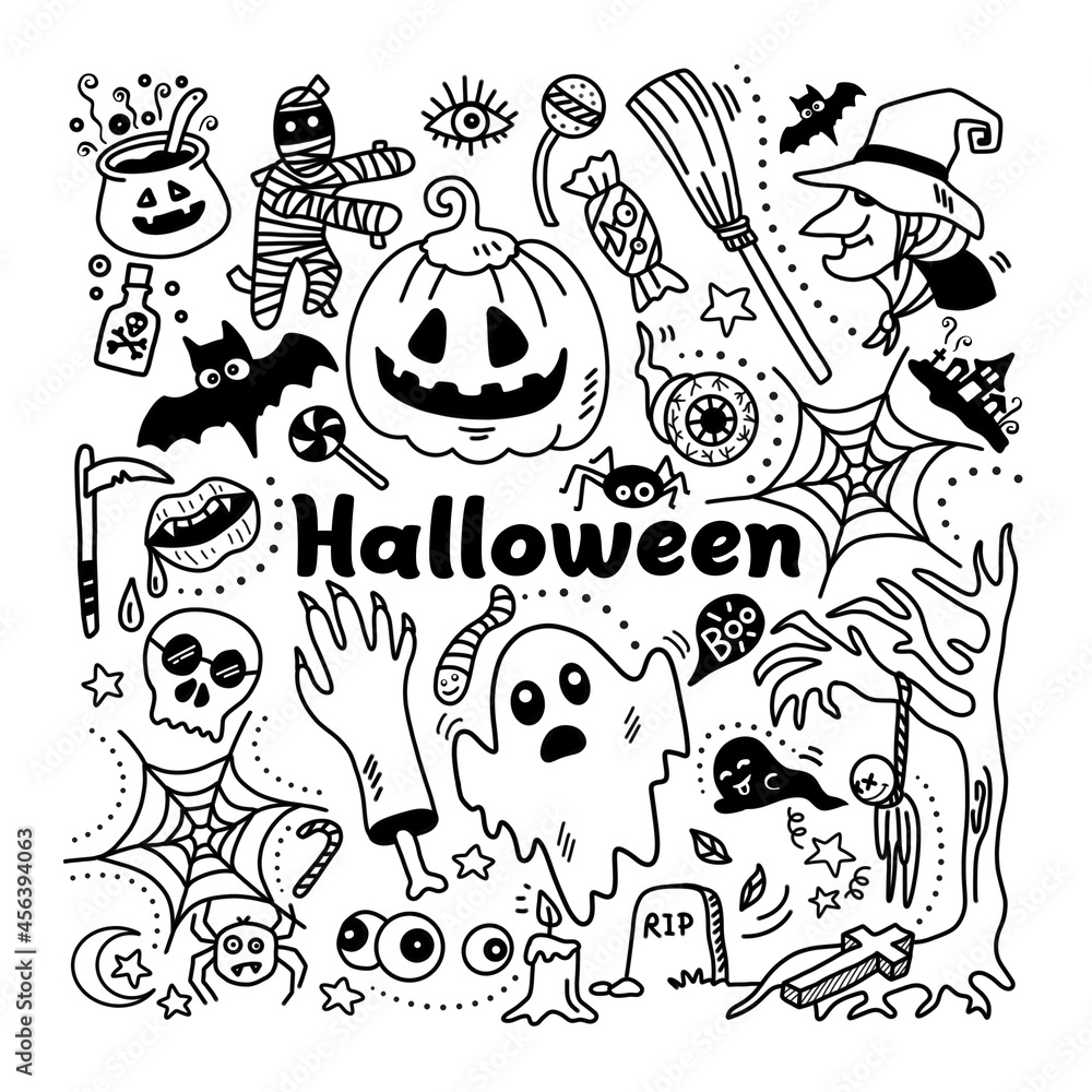 Halloween doodles outline objects and characters on white background