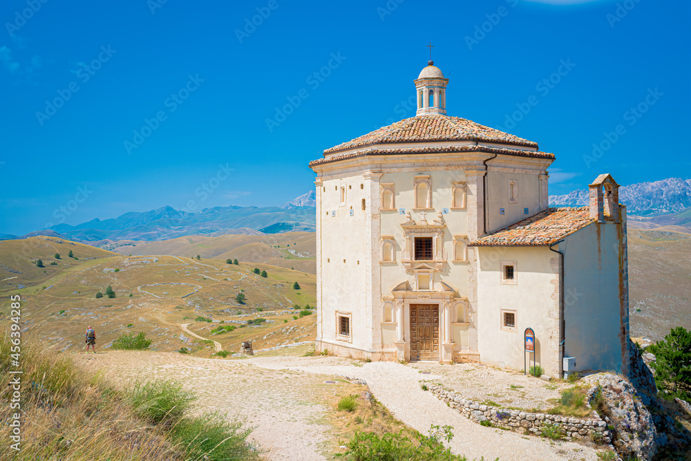 Santa Maria della Pieta church, near to castle of Rocca Calascio, Aquila, Abruzzo, Italy. Part of Gran Sasso National Park the castle is one of 15 most beautiful in the world