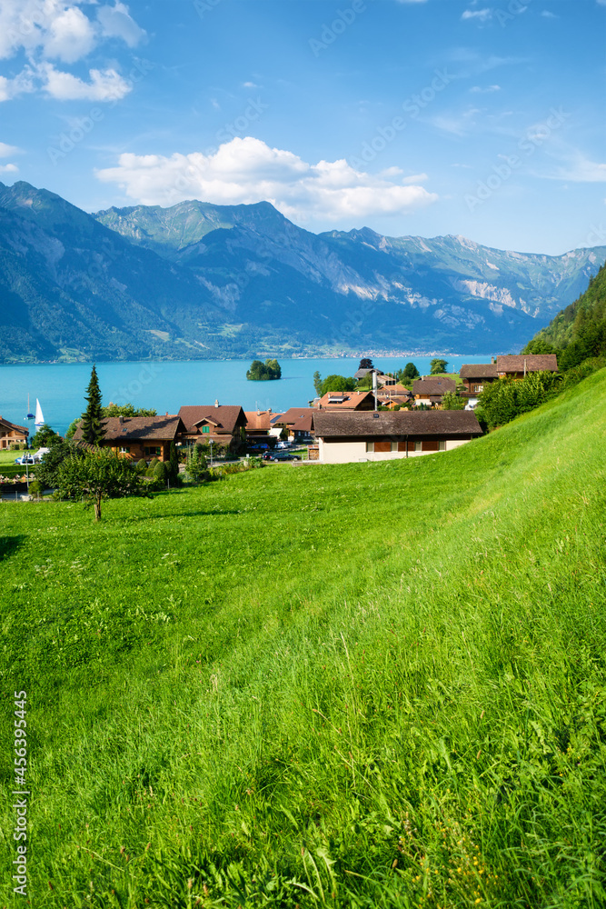 View on the town and Interlaken lake. Natural landscape. Landscape in the Switzerland at the day time..