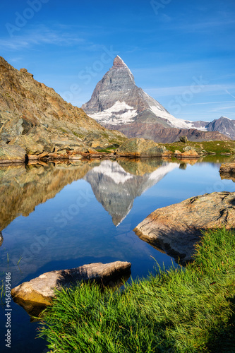 Matterhorn and reflection on the water surface at the morning time. Beautiful...
