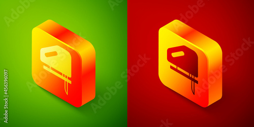 Isometric Electric jigsaw with steel sharp blade icon isolated on green and red background. Power tool for woodwork. Square button. Vector