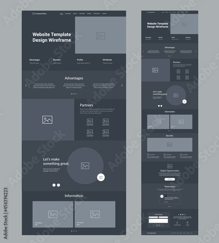 Dark website wireframe layout interface design.