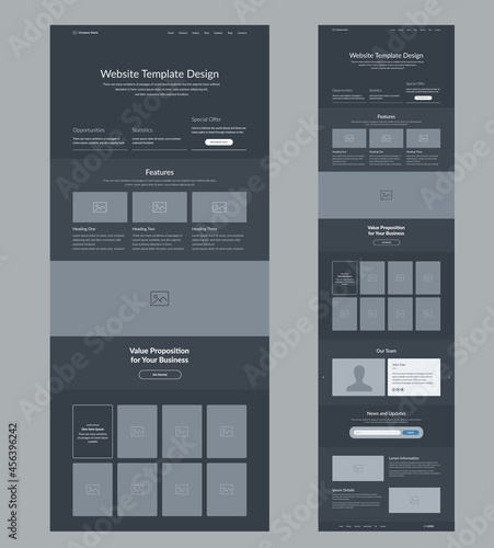 Dark website wireframe layout interface design.