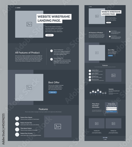 Site template landing page. Dark website wireframe layout interface design.