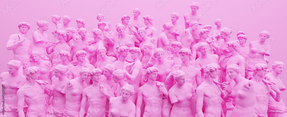Fototapeta Funny illustration. 3D rendering of sculpture of David and Venus on a pink background. Concept art collage.