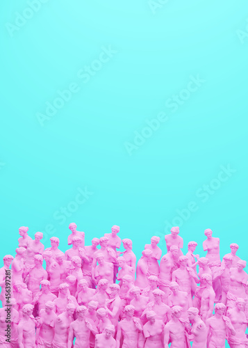 Funny illustration. 3D rendering of sculpture of David and Venus on a turquoise background. Concept art collage.