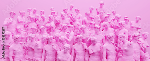 Funny illustration. 3D rendering of sculpture of David and Venus on a pink background. Concept art collage.