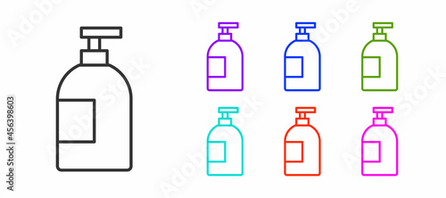 Black line Dishwashing liquid bottle icon isolated on white background. Liquid detergent for washing dishes. Set icons colorful. Vector