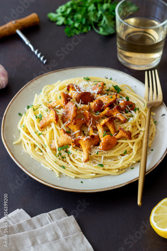 Pasta spaghetti with mushrooms chanterelle and parmesan cheese. Healthy eating. Vegetarian food. Italian food.