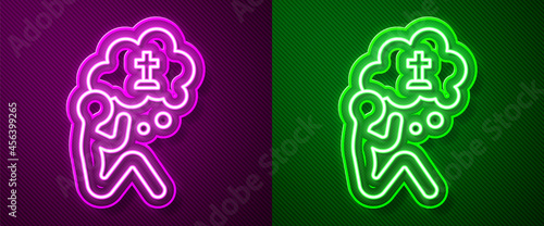 Glowing neon line Man graves funeral sorrow icon isolated on purple and green background. The emotion of grief, sadness, sorrow, death. Vector
