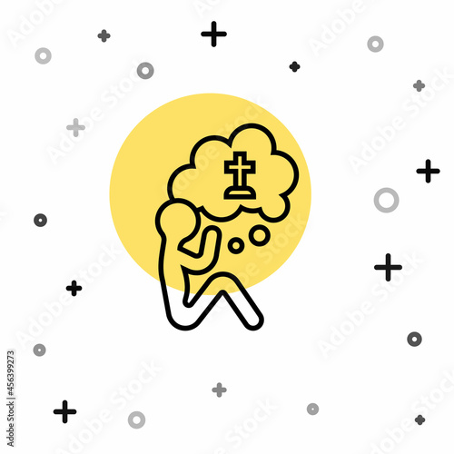 Black line Man graves funeral sorrow icon isolated on white background. The emotion of grief, sadness, sorrow, death. Random dynamic shapes. Vector