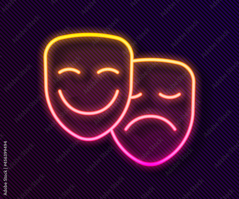 Glowing neon line Comedy and tragedy theatrical masks icon isolated on black background. Vector Glowing neon line Comedy and tragedy theatrical masks icon isolated on black background. Vector