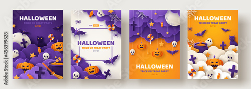 Happy Halloween party posters set with night clouds and pumpkins in paper cut style. Vector illustration. Full moon, witch cauldron, spiders web and flying bat. Place for text. Brochure background