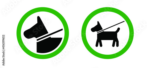 Walking with the dog, keep your dog on a leash. Cartoon walk with hound and lead icon. Pet on lead allowed only. Vector stick figure dog pictogram. Silhouette of a dog. Stickfigure or stickman logo
