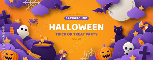Tela Happy Halloween banner or party invitation background with clouds, bats and pumpkins in paper cut style