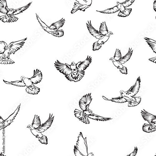 image of flying doves, pattern for design and decoration, black and white linear image