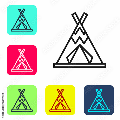 Black line Traditional indian teepee or wigwam icon isolated on white background. Indian tent. Set icons in color square buttons. Vector