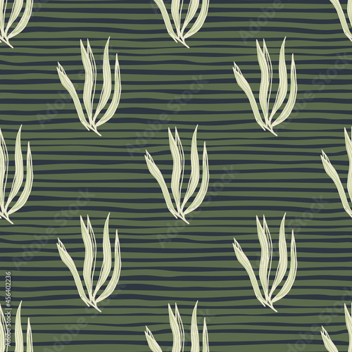 Vintage abstract seaweeds seamless pattern on stripe background.