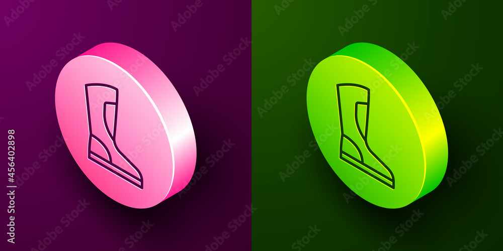 Isometric line Fire boots icon isolated on purple and green background. Circle button. Vector