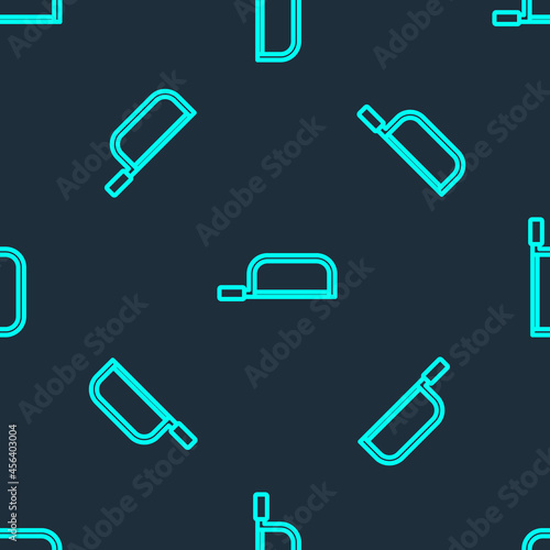 Green line Hacksaw icon isolated seamless pattern on blue background. Metal saw for wood and metal. Vector