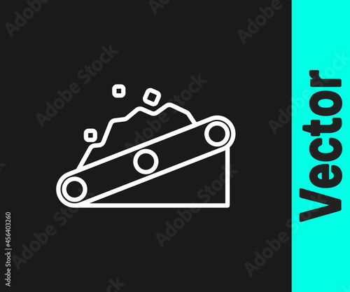 White line Conveyor belt carrying coal icon isolated on black background. Vector