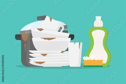Dirty dishes, pan and dish soap flat design vector illustration