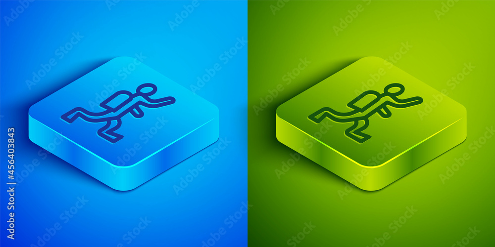Isometric line Scuba diver icon isolated on blue and green background. Square button. Vector Isometric line Scuba diver icon isolated on blue and green background. Square button. Vector