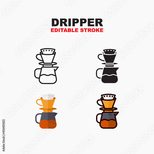 Dripper icon symbol set of outline, solid, flat and filled outline style. Isolated on white background. Editable stroke vector icon.