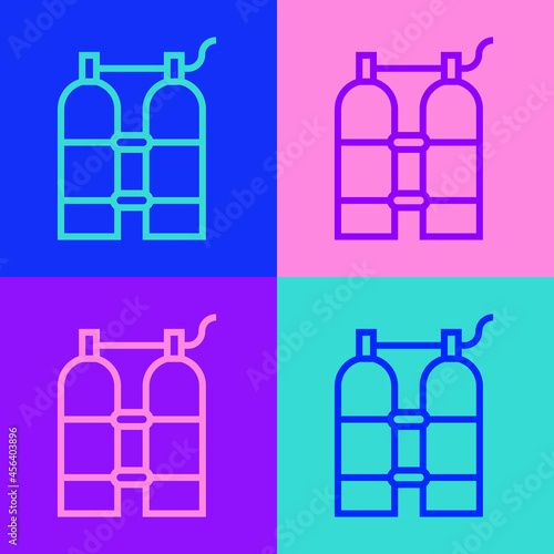 Pop art line Aqualung icon isolated on color background. Oxygen tank for diver. Diving equipment. Extreme sport. Diving underwater equipment. Vector