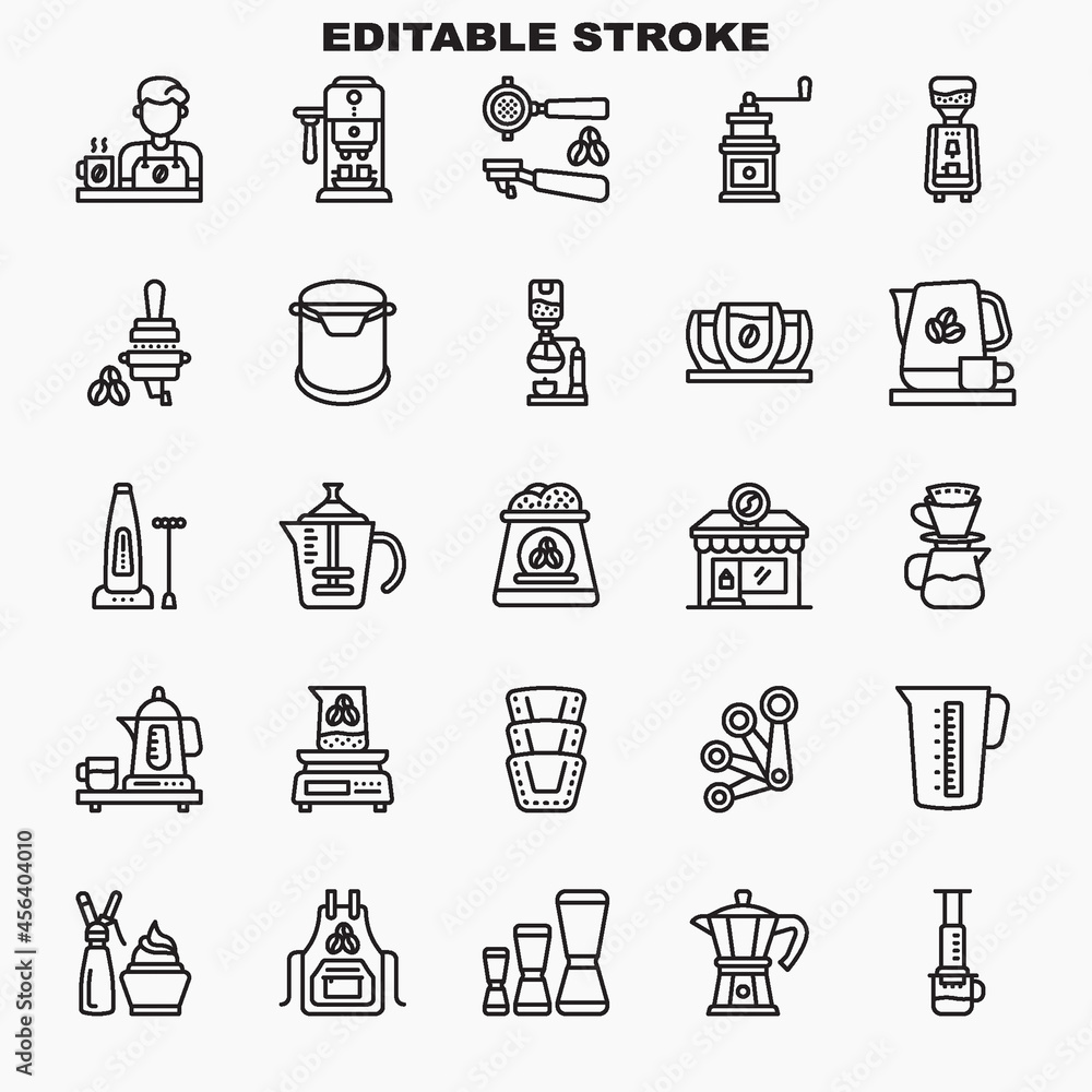Naklejka premium Coffee Store icon symbol set in outline black style. Contains like barista, grinder, portafilter, syphon, frother, coffee maker, kettle, dripper and more. Isolated on a white background.