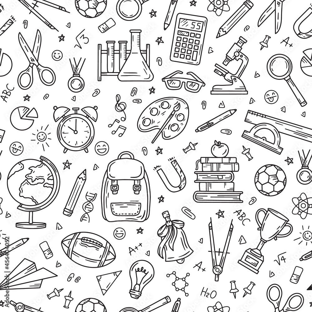 School and education seamless pattern on a white background. Stationery vector supplies in doodle sketch style for children.