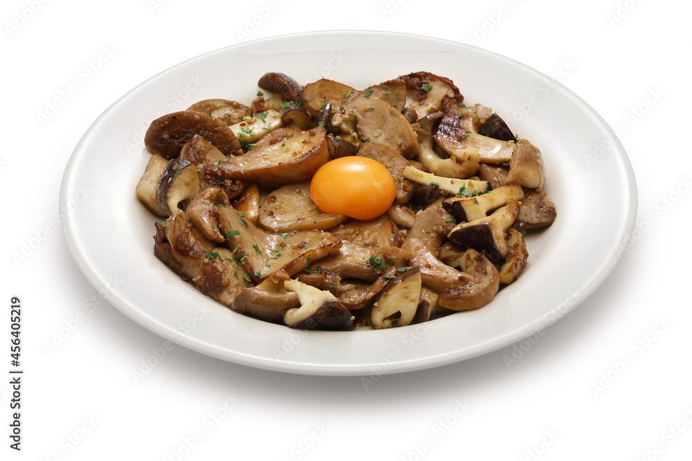 grilled mushrooms (porcini, shiitake, and eryngii ) with egg yolk, Spanish tapas grilled mushrooms (porcini, shiitake, and eryngii ) with egg yolk, Spanish tapas