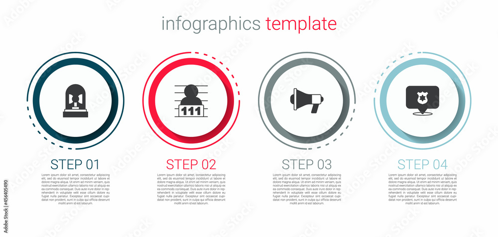 Set Flasher siren, Suspect criminal, Megaphone and Police badge. Business infographic template. Vector Set Flasher siren, Suspect criminal, Megaphone and Police badge. Business infographic template. Vector