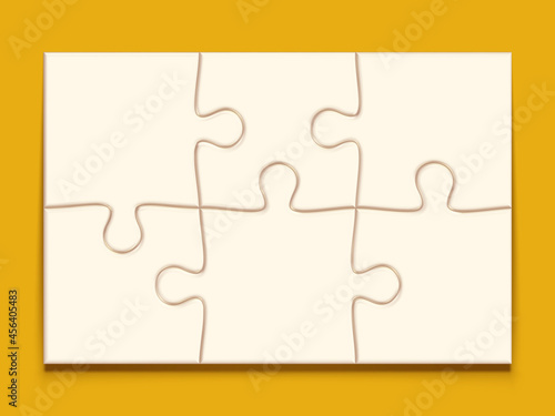 Puzzle 3x2 grid. Jigsaw with 6 pieces, mind puzzles mockup and mosaic game vector illustration