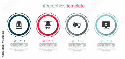 Set Flasher siren, Suspect criminal, Megaphone and Police badge. Business infographic template. Vector
