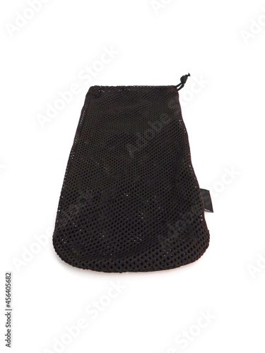 Perspective view of waterproof flexible bag to protect objects. Black case for swimming goggles isolated on white background. Water sports accessories.