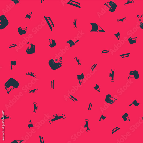 Set Skateboard wheel, stairs with rail, helmet and park on seamless pattern. Vector