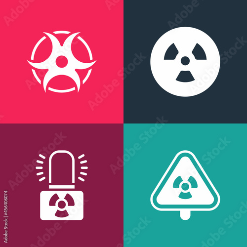Set pop art Triangle with radiation, Radioactive warning lamp, and Biohazard symbol icon. Vector