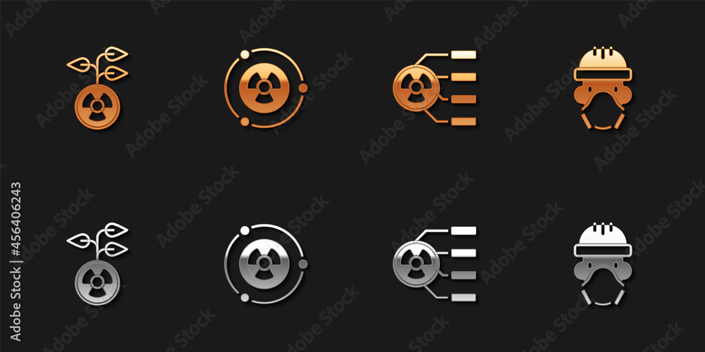 Set Radioactive, , and Nuclear reactor worker icon. Vector Set Radioactive, , and Nuclear reactor worker icon. Vector