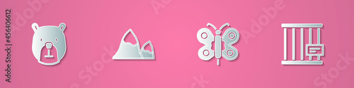 Set paper cut Bear head, Mountains, Butterfly and Animal cage icon. Paper art style. Vector