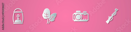 Set paper cut Camping lantern, Tropical leaves, Photo camera and Hunting gun icon. Paper art style. Vector
