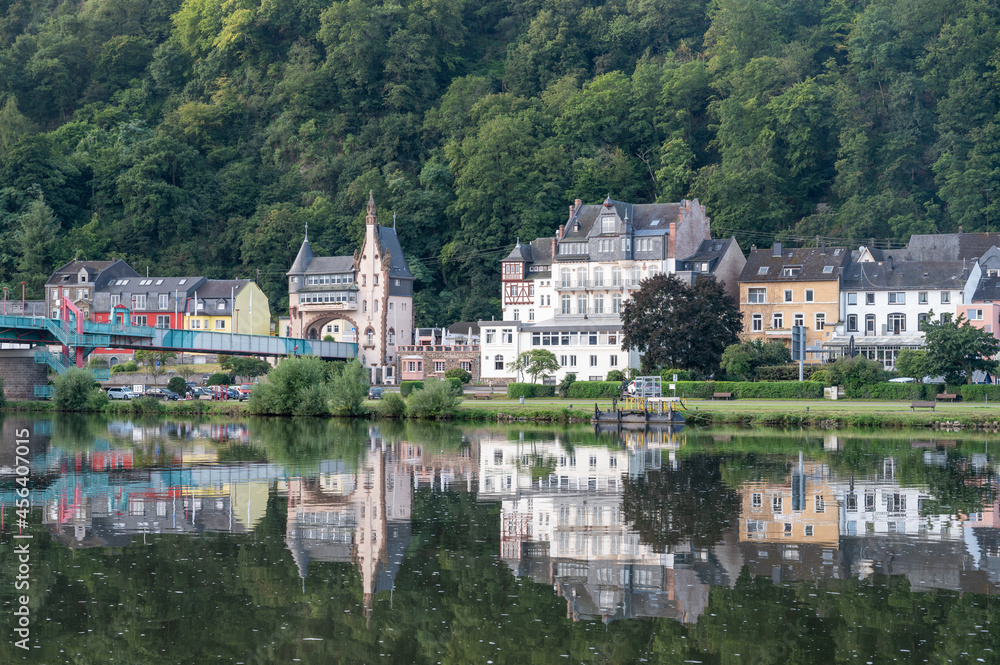 View on Mosel river, hills with vineyards and old town Traben-Trarbach, Germany View on Mosel river, hills with vineyards and old town Traben-Trarbach, Germany