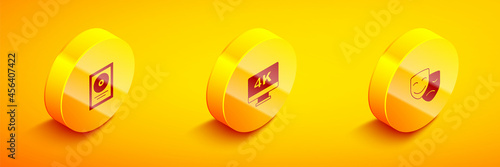 Set Isometric CD disk award in frame, Screen tv with 4k and Comedy and tragedy masks icon. Vector