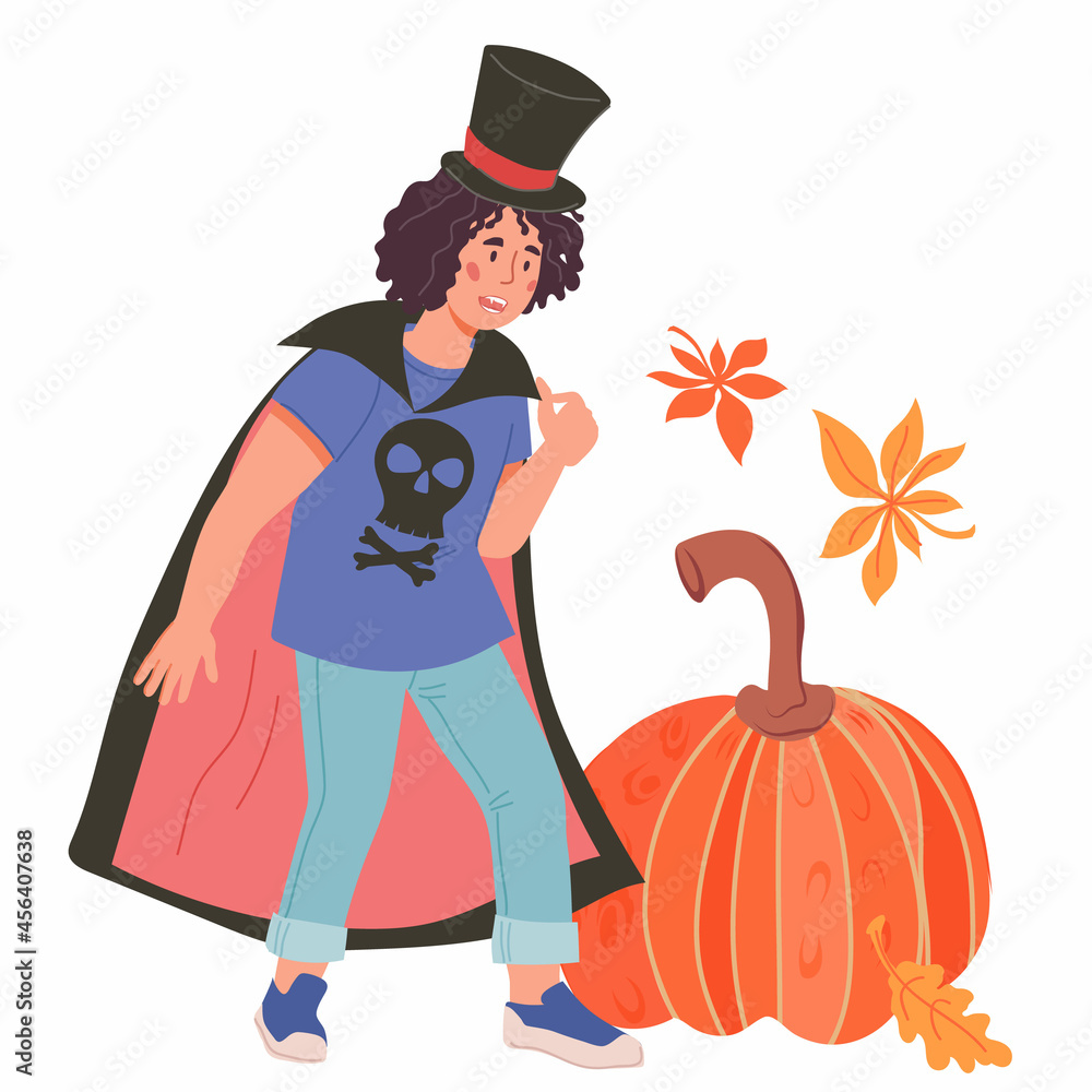 Child boy in Halloween costume of vampire Dracula with pumpkin and autumn leaves, flat cartoon vector illustration isolated on white background. Child boy in Halloween costume of vampire Dracula with pumpkin and autumn leaves, flat cartoon vector illustration isolated on white background.