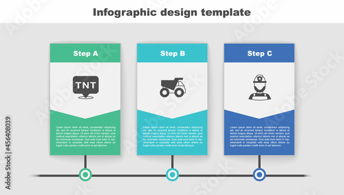 Set Dynamite, Mining dump truck and Miner helmet. Business infographic template. Vector