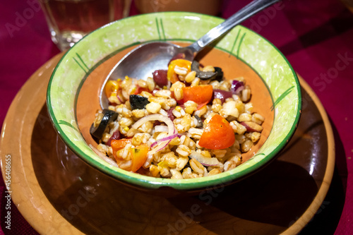 Ancient roman food antipasti pearl barley salad with tomatoes, olives, red onion