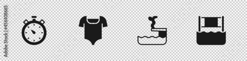 Set Stopwatch, Swimsuit, Swimmer diving into pool and Water volleyball net icon. Vector
